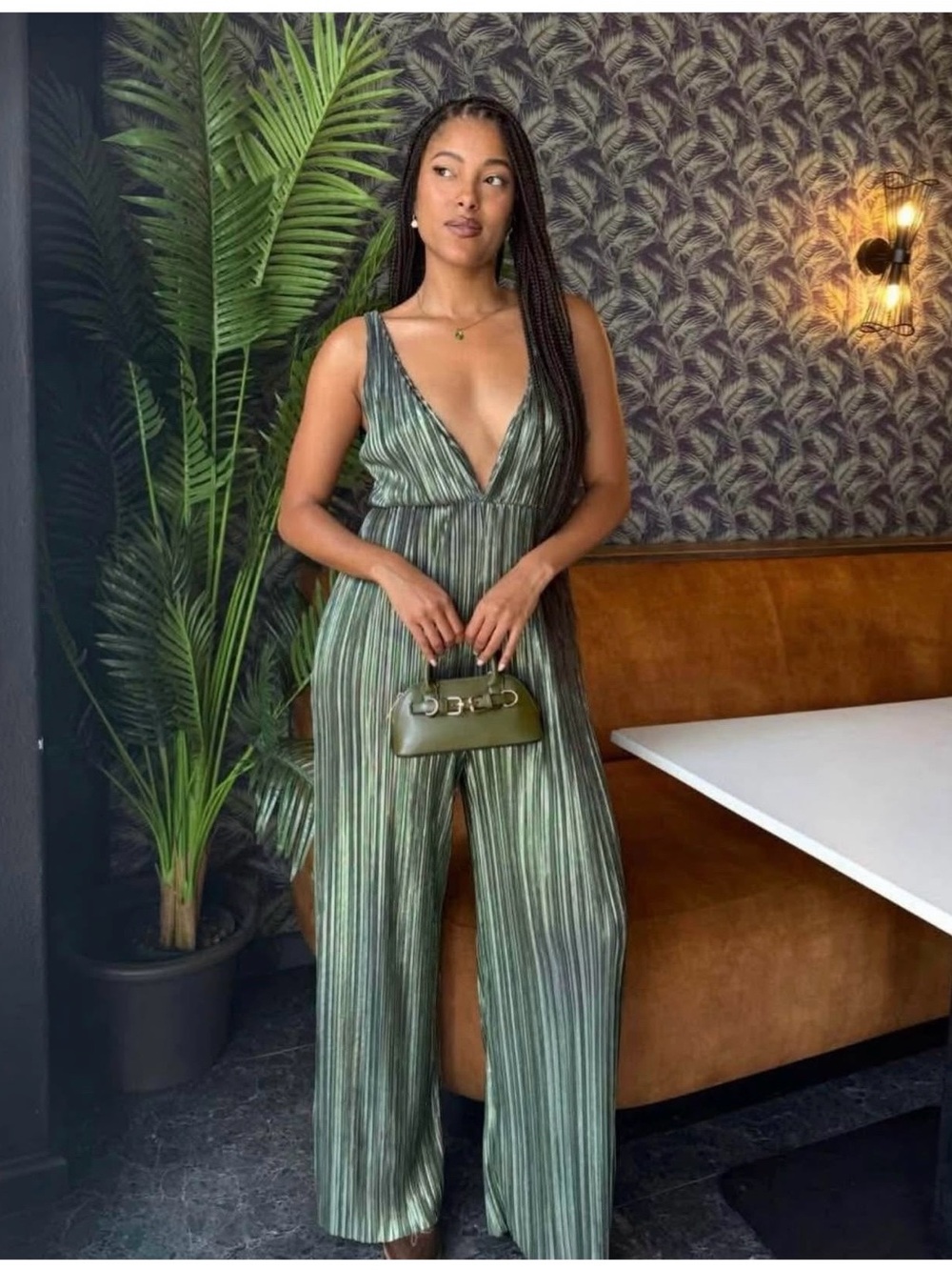 PrettyLittleThing Green Shimmer Jumpsuit with Wide-Leg Design